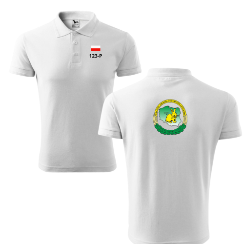 Biała Koszulka Polo z Nadrukiem Krajowego Związku Hodowców Królików Rasowych